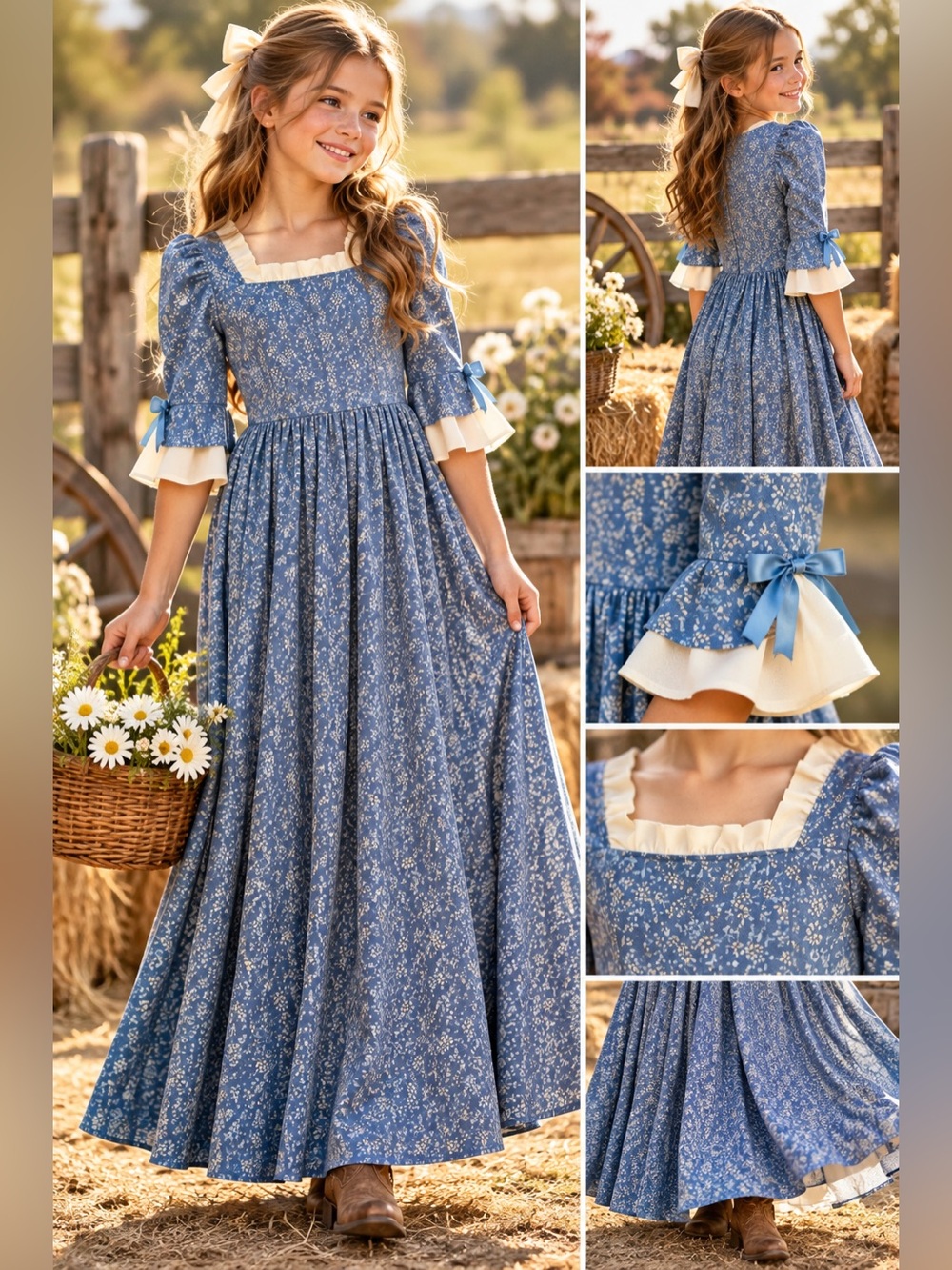 California Costumes Blue Floral Prairie Dress w/ Cream Ruffles & Bell Sleeves
